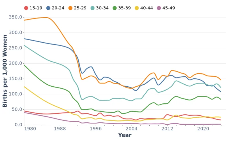 Mongolia Age-Specific Birth Rates, Births per 1,000 Women (1980-2024)